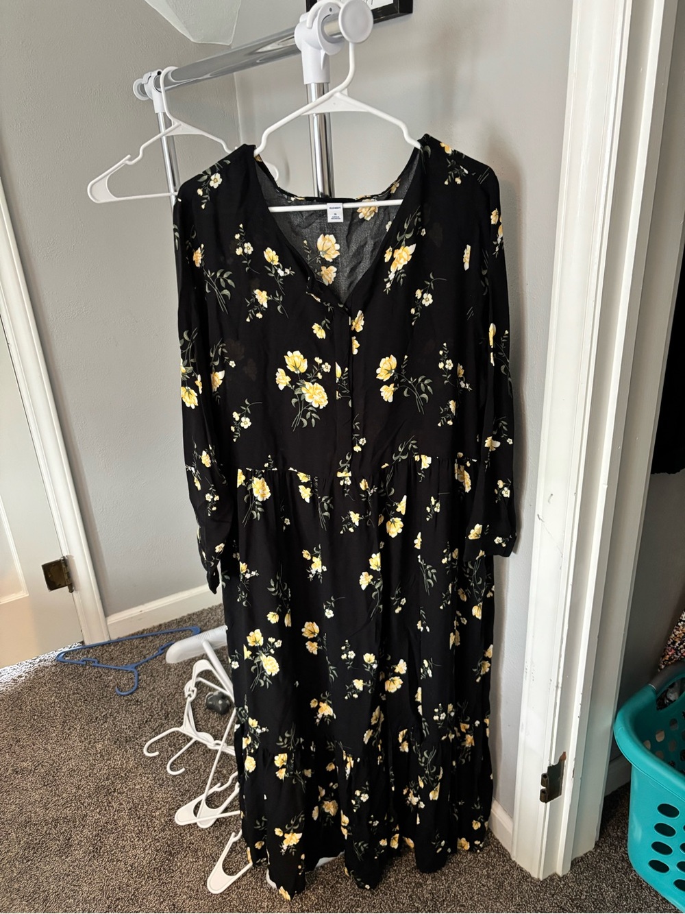 Black Floral Long Sleeve Midi Dress with Yellow Blossoms